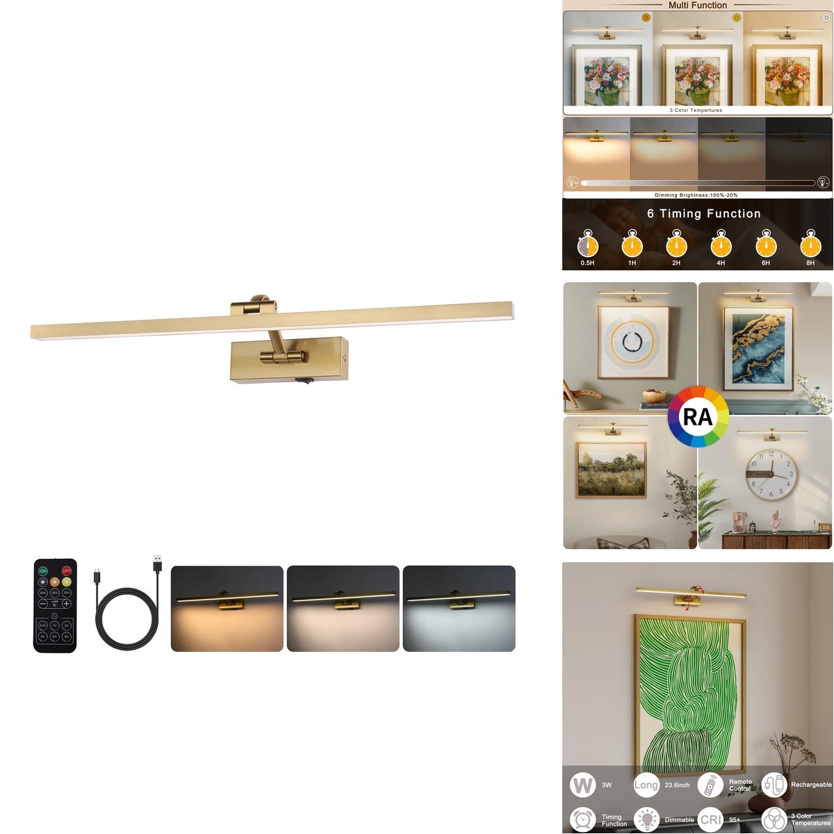 BRIVOLART Wireless Picture Lights Wall Battery Operated, Brass Art Lighting