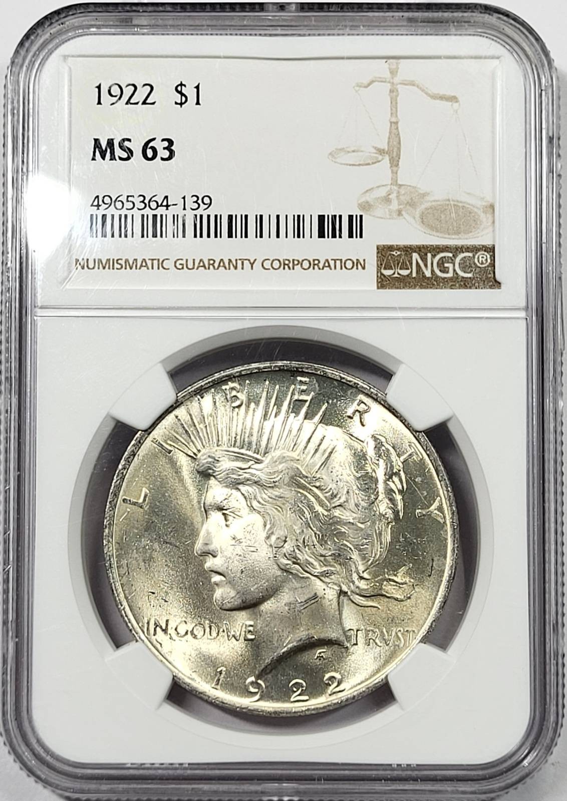 1922 Peace Silver Dollar NGC MS-63