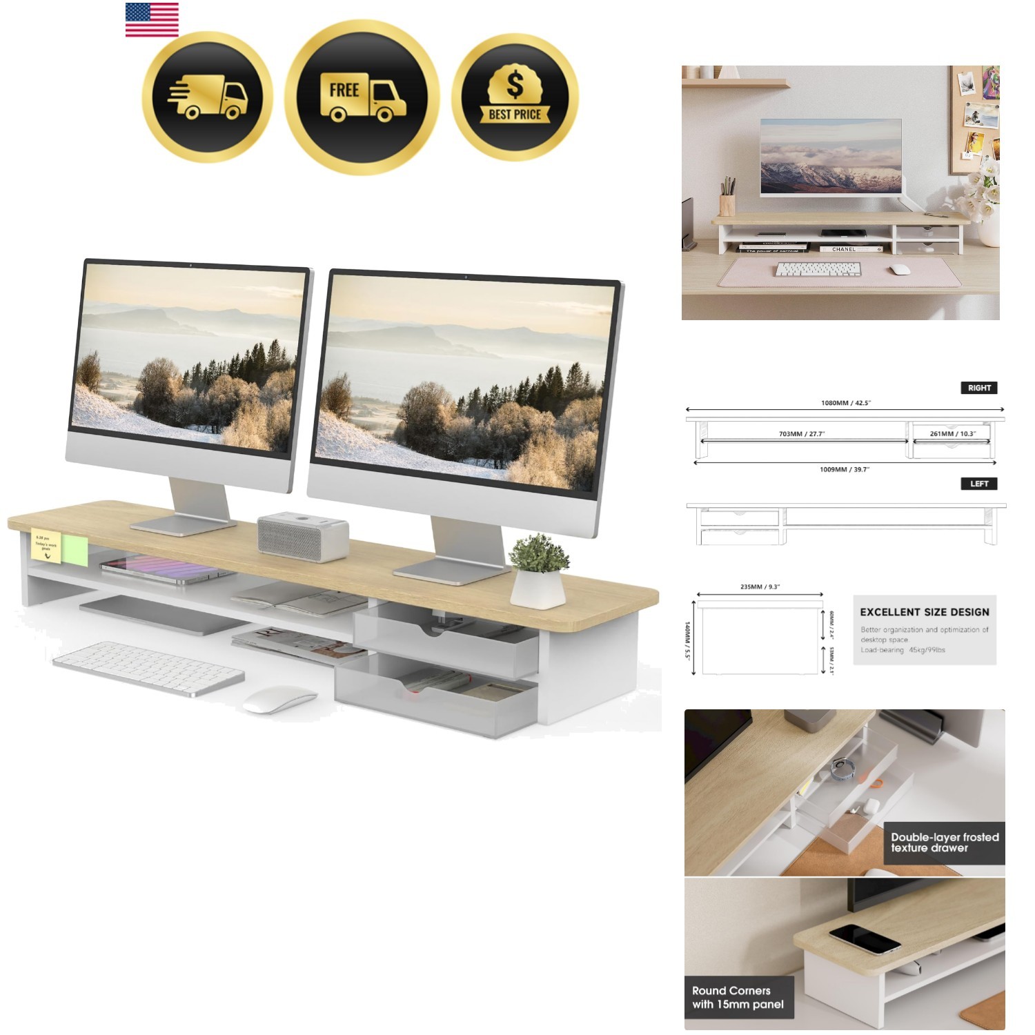 Monitor Stand, Dual Monitor Riser, 42.5inch Large Desk Computer Monitor Stand...