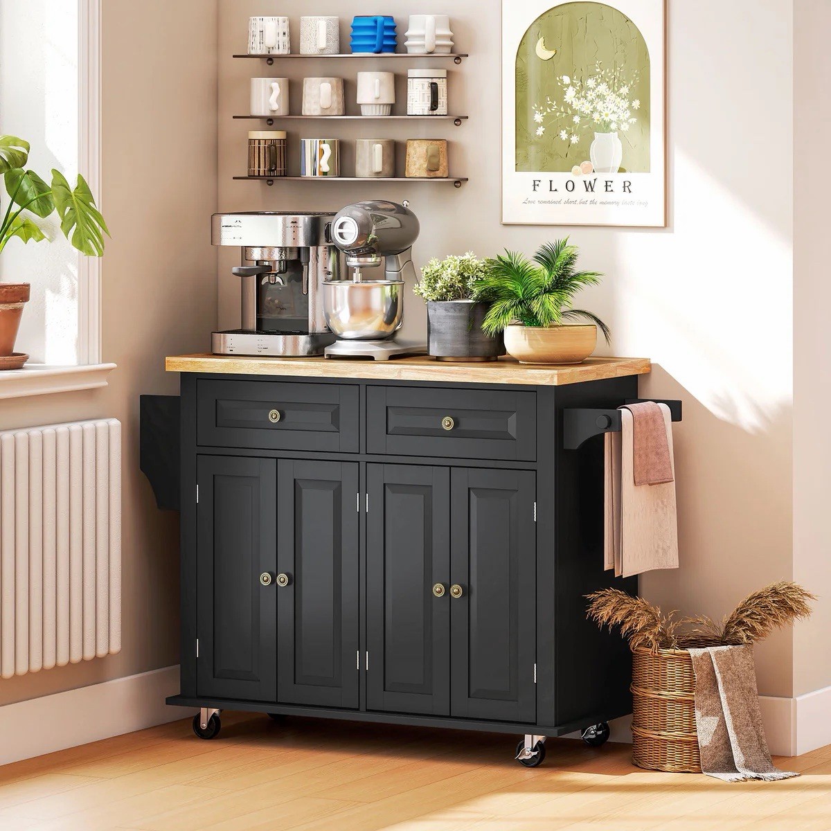 Kitchen Island Cart with Rubberwood Flip Top & Storage