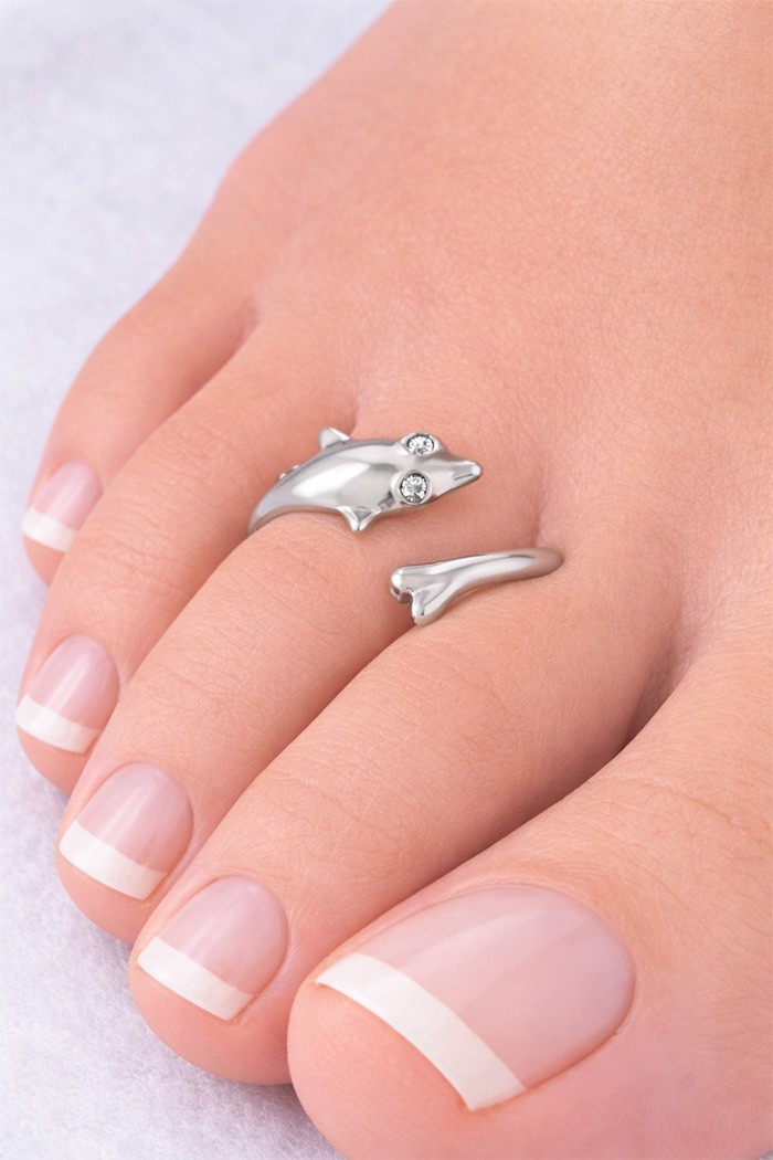 Dolphin TOE RING 14k Solid White Gold - Adjustable