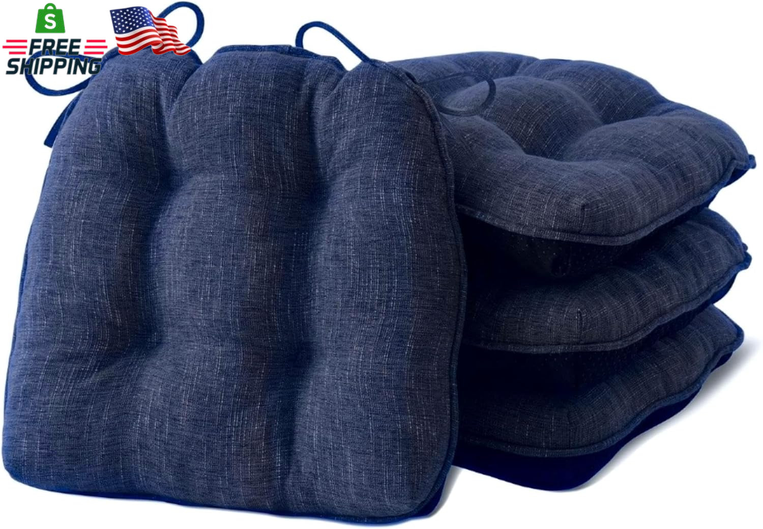 4 Pack Tufted Memory Foam Chair Cushions Navy Blue Non Slip Seat Pads
