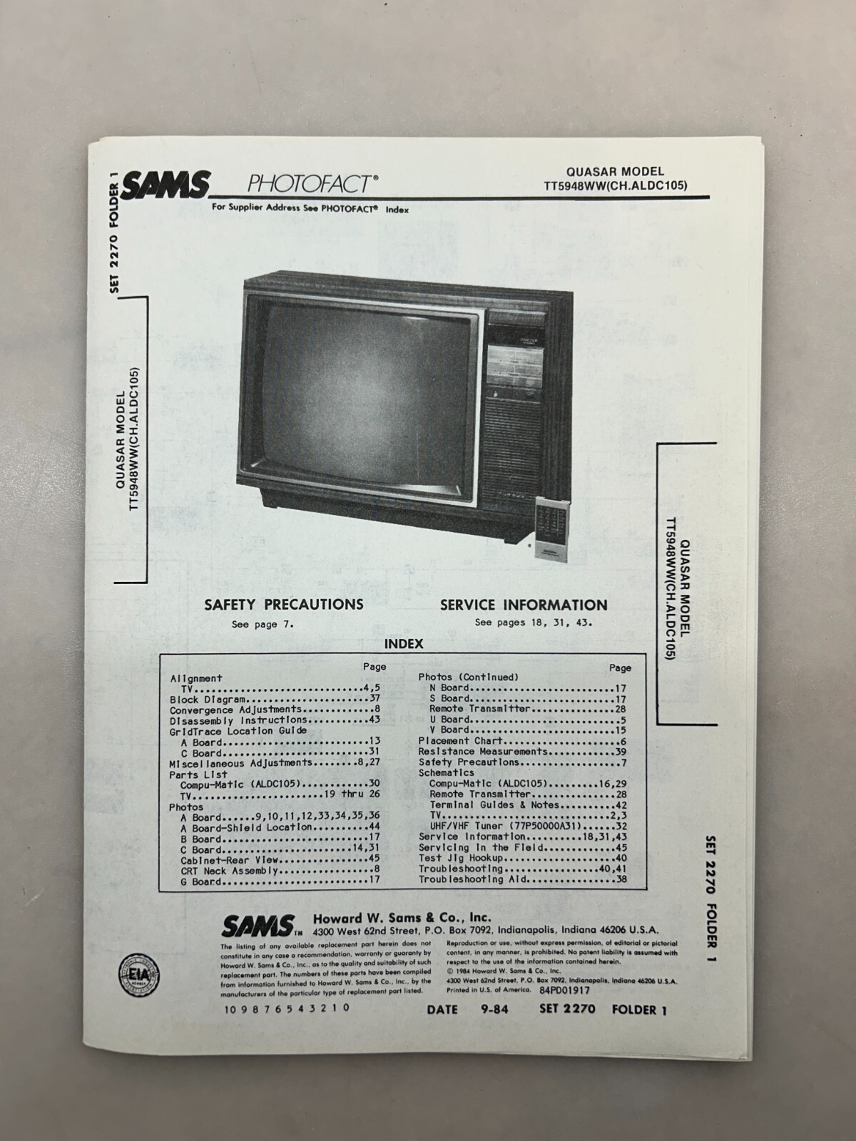 Quasar TT5948WW Service Manual Sams Photofact Free Shipping