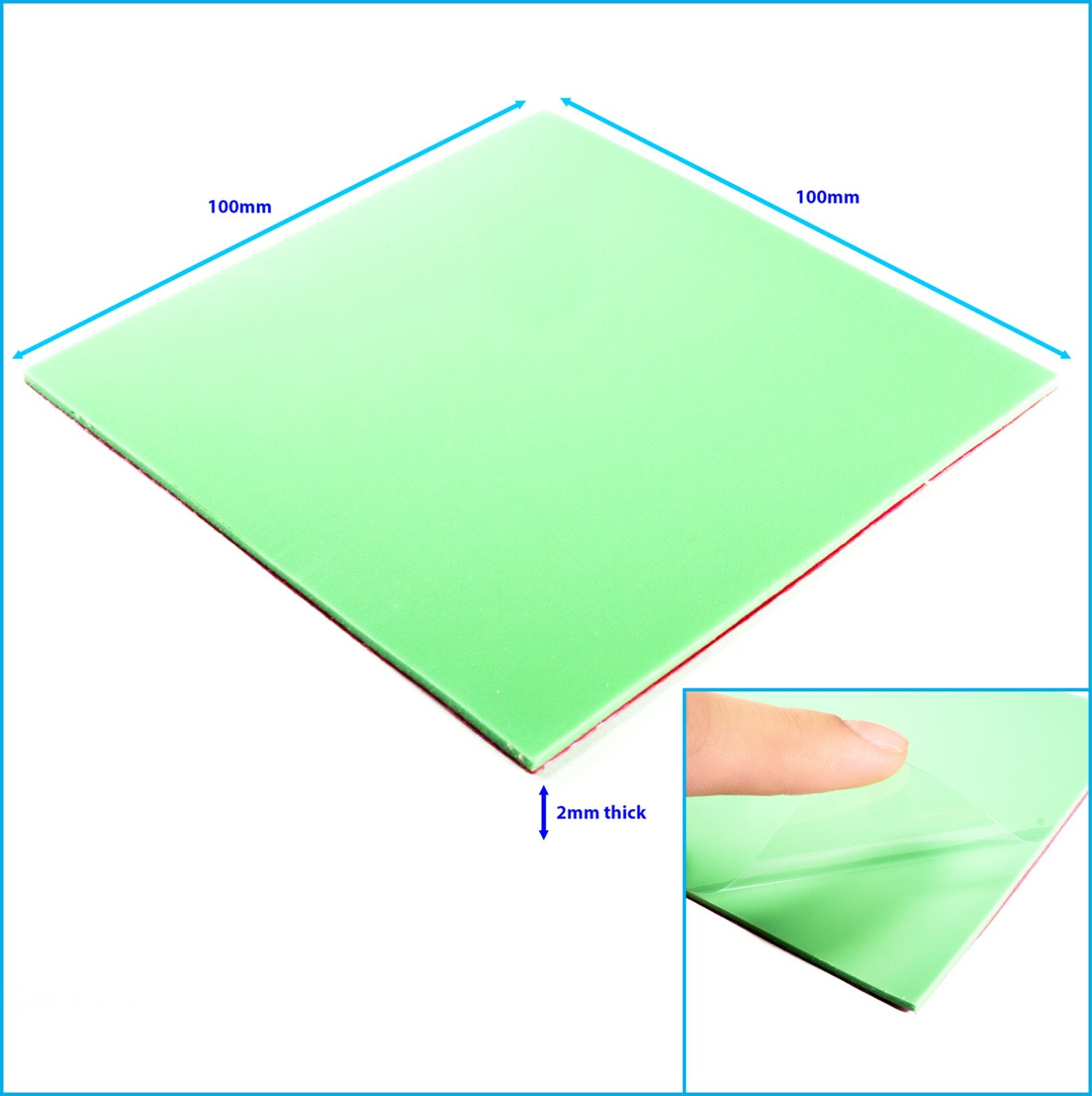 Green Thermal Pad 100mm x 100mm x 2mm Silicone Sheet Computer Chip Heat Sink