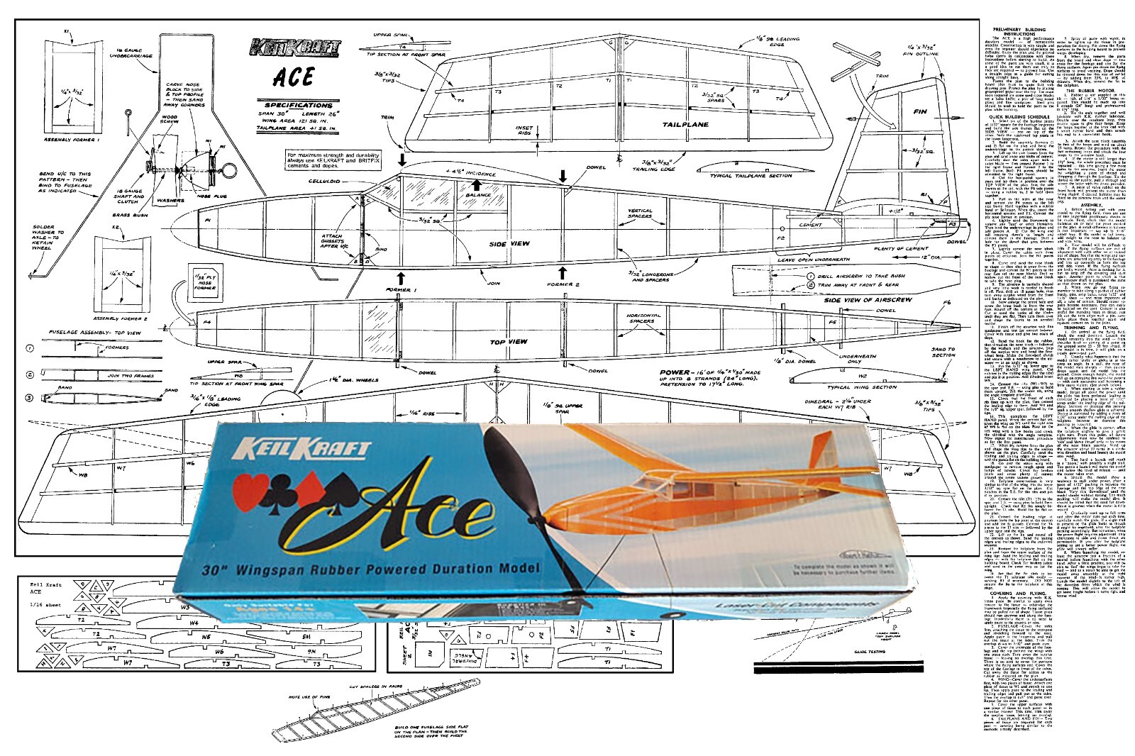 KeilKraft Model Airplane Plans (FF): ACE 30" Wingspan Duration Rubber-Powered