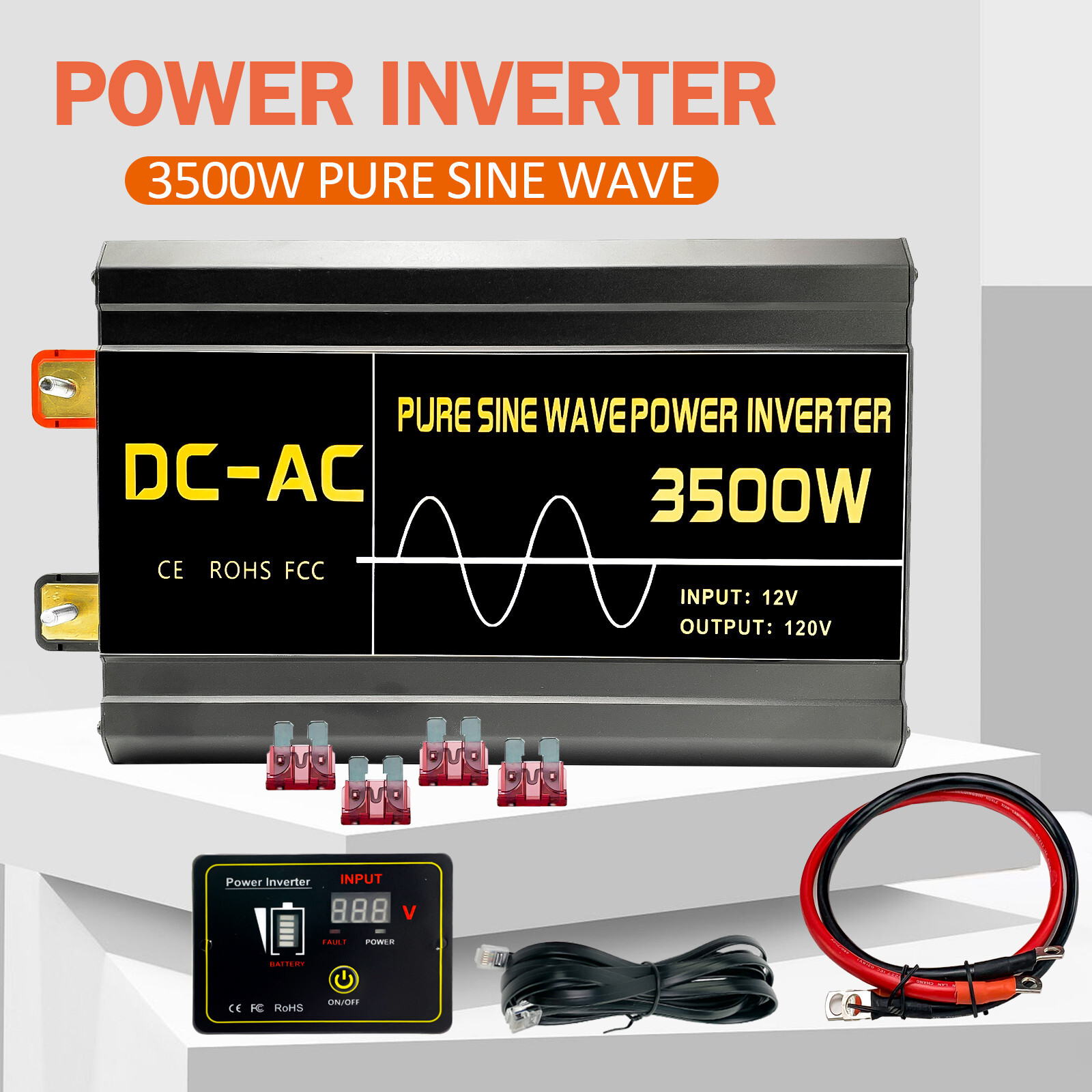 3500W Power Inverter Peak 7000W Pure Sine Wave Inverter 12V DC-120V AC Converter