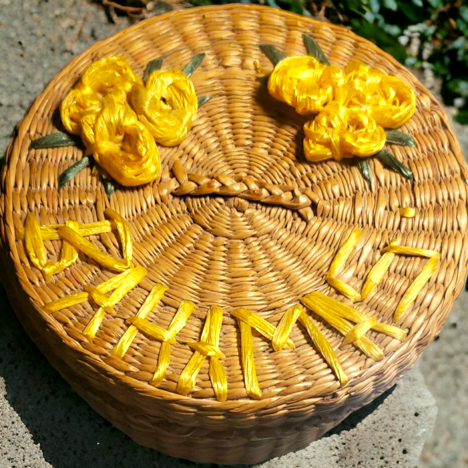 Woven Basket Hand-Crafted Bahamas Yellow Flower Embellishments