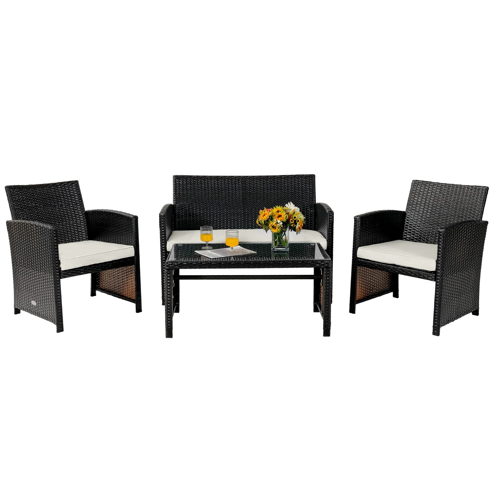 4 Pieces Rattan Furniture Set, Outdoor Conversation Set w/Chair & Loveseat & ...