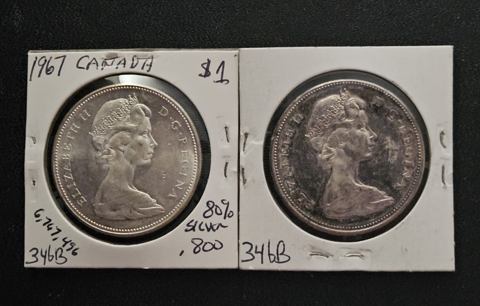 Two 1967 Canada Silver Dollars. 80%. Elizabeth II. Nice Coins.     CANAX