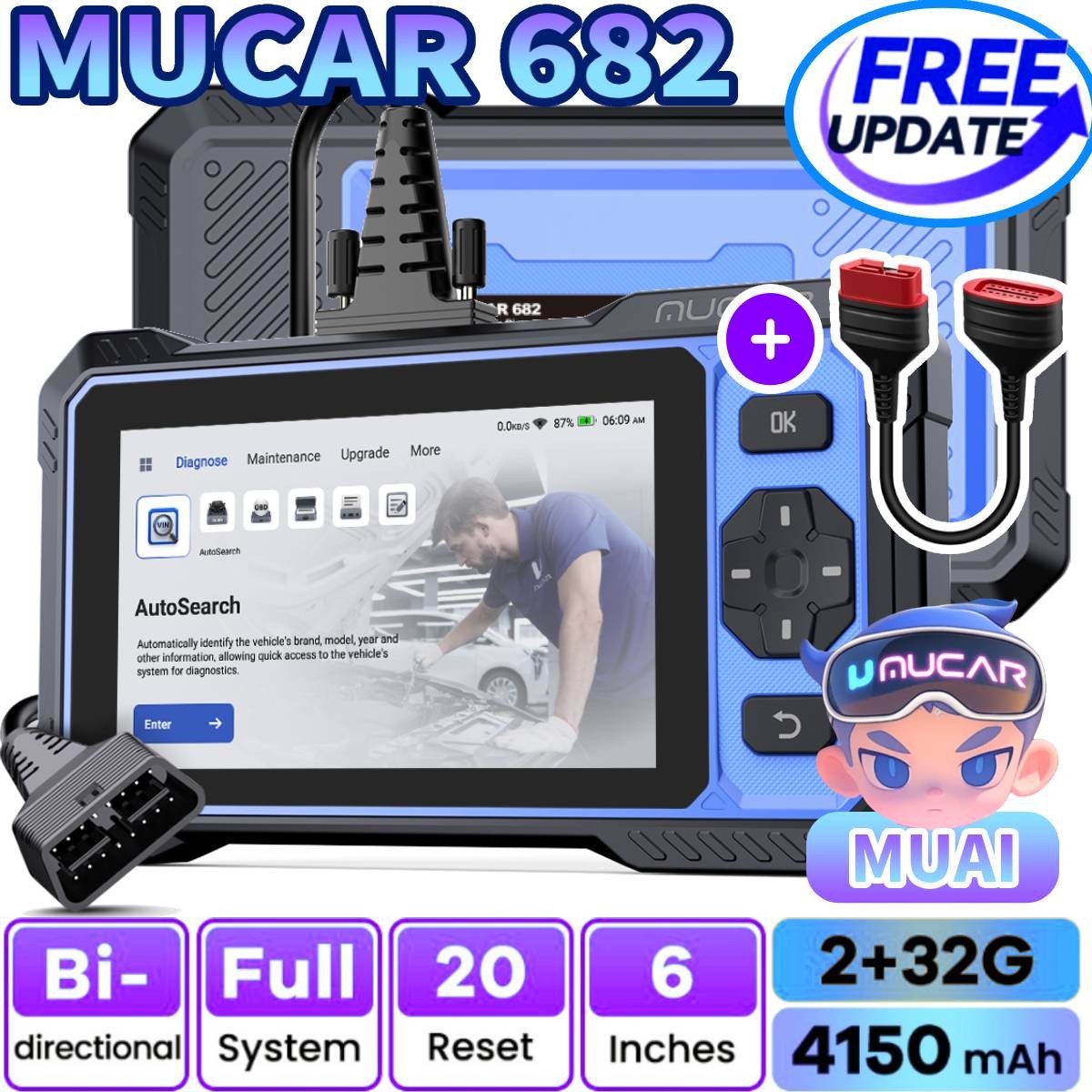 MUCAR 682 AI OBD2 Scanner Full System Diagnostic Tool 20+Services Free Update