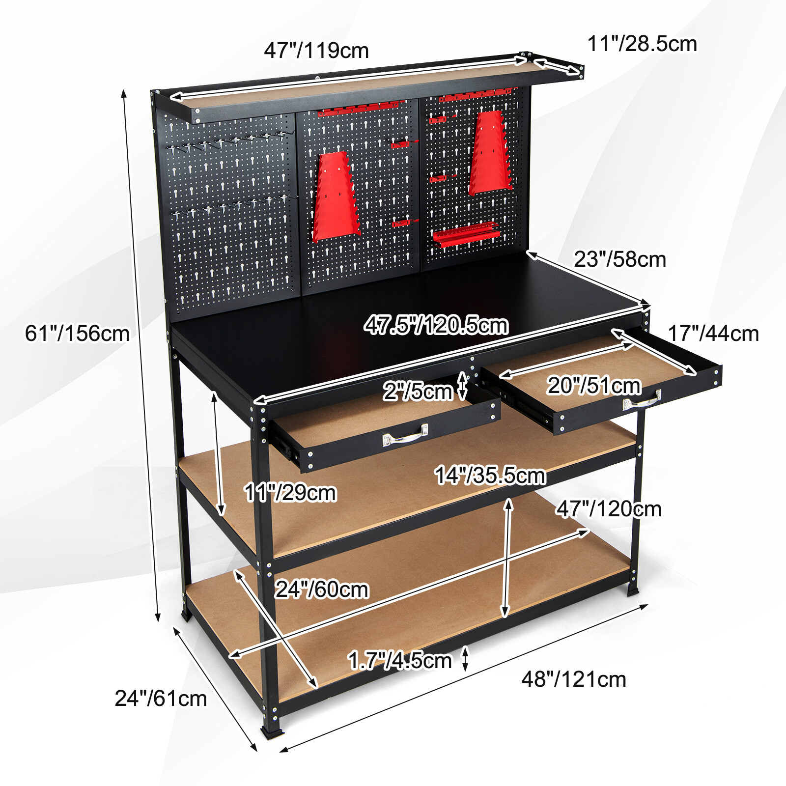 48 Inches Workbench Multipurpose Garage Worktable Tool Organizer with Pegboard