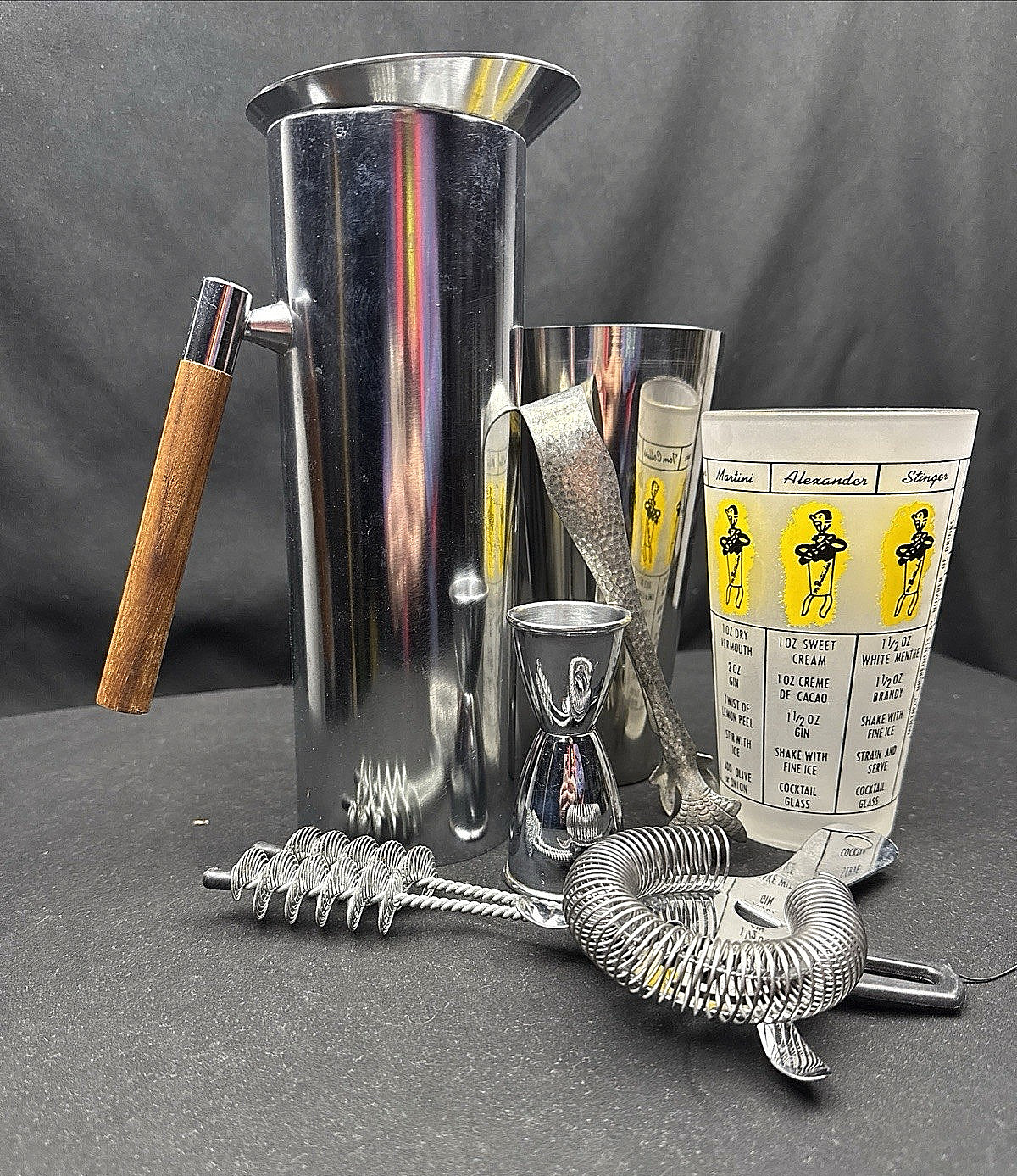 Mid Century Modern Italian Teak Handle Cocktail Mixer Barware Set