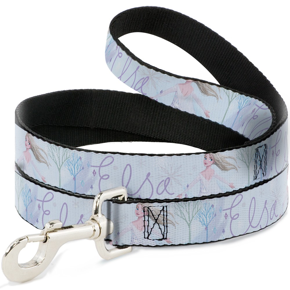 Dog Leash Frozen Elsa Snowflake Pose with Trees and Script Blues/Purples