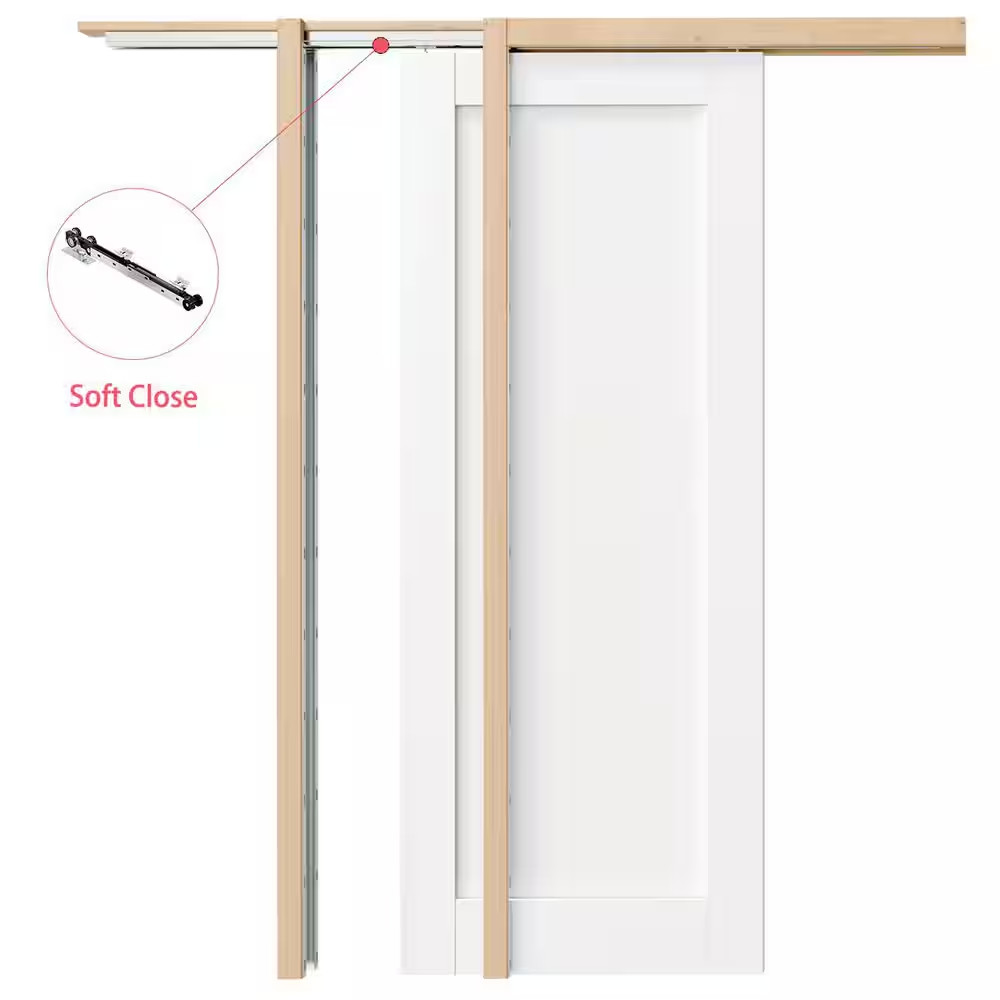 32 In. X 80 In. White Primed 1-Panel Core Solid Wood Sliding Pocket Door with So