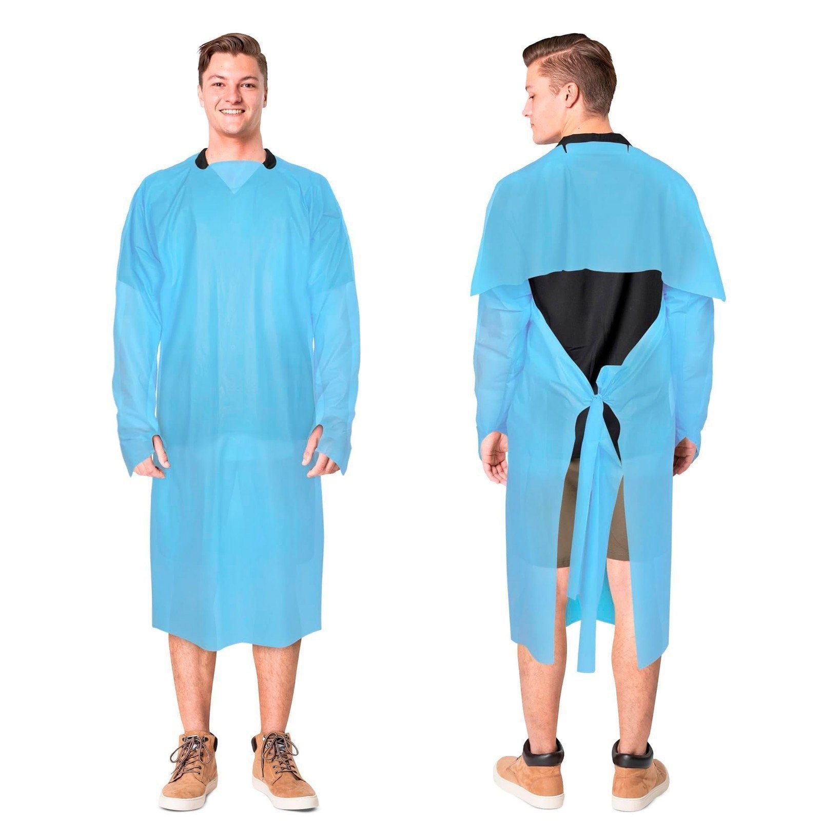 Blue Disposable Isolation Gowns Waterproof CPE Thumb Loop 200 Count 45 in