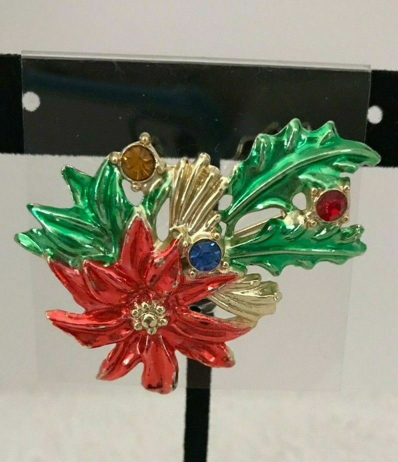 Vintage Poinsettia w/ Multi-Color Rhinestones Brooch - Signed BJ - Christmas