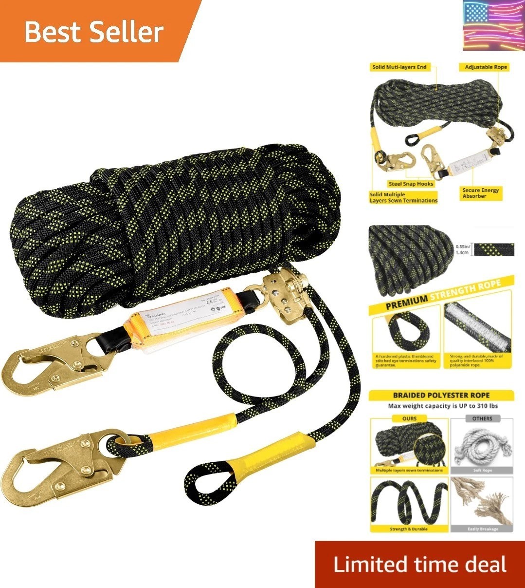 Rope Harness Safety Lanyard： Vertical Roofing Rope with Grab Snap Hooks Shock...