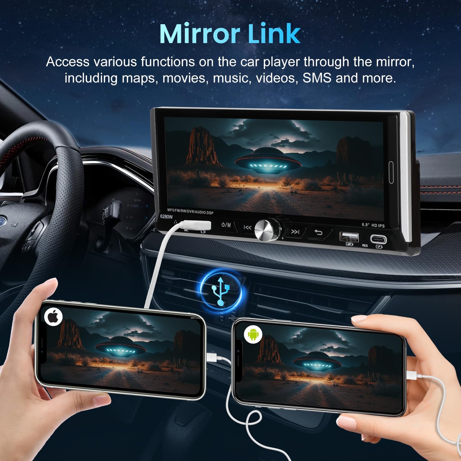 6.86' Single Din Touchscreen Car Stereo with Wireless Apple Carplay Android