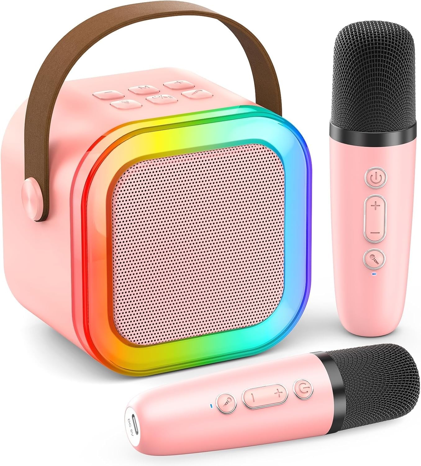 Peski Karaoke Machine Bluetooth Speaker 2 Mics LED Party Pink Portable