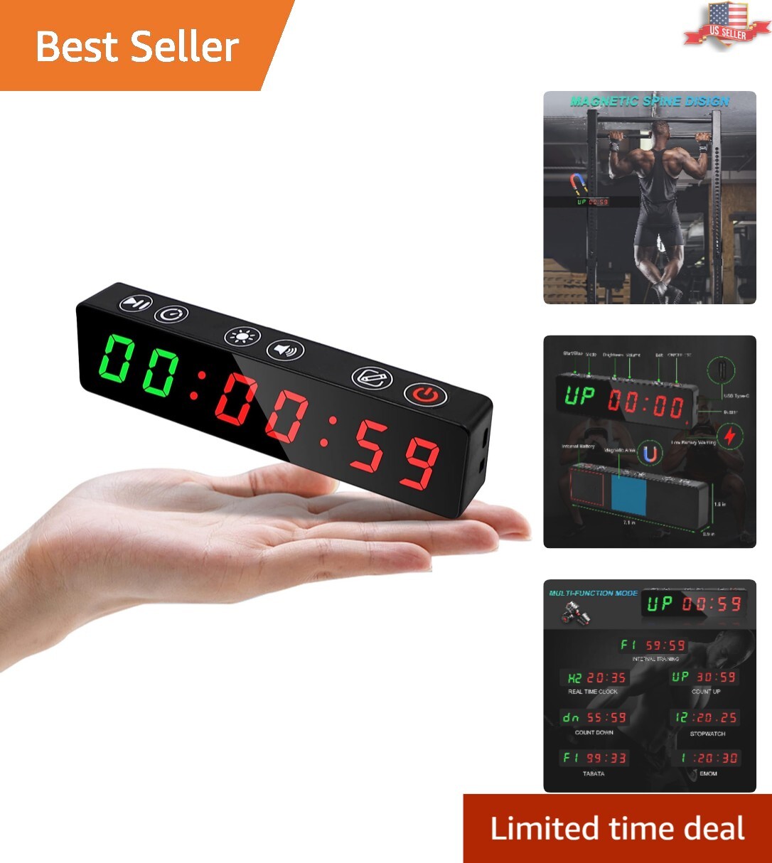 Stylish Portable Gym Timer - Powerful 7 Modes - Rechargeable - Built-in Magnet