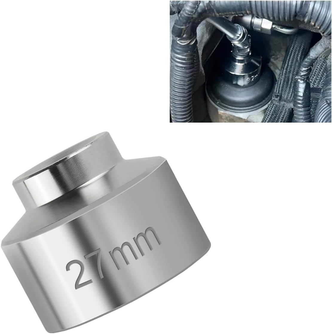 27mm Car Oil Filter Socket Wrench, 3/8" Drive Filters Cap Wrench 27MM, Silver