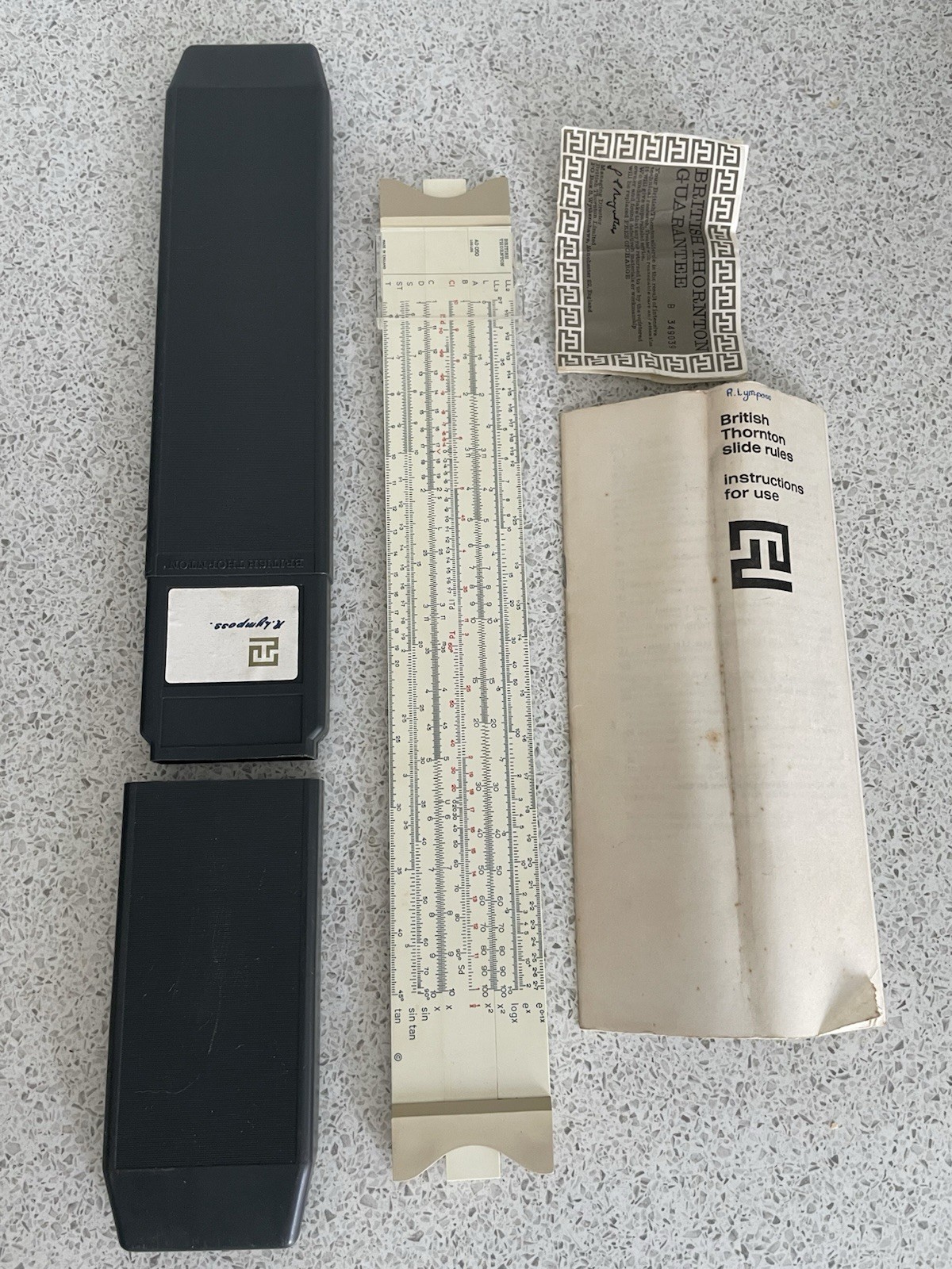 BRITISH THORNTON AD050 SLIDE RULE, CASE, INSTRUCTION BOOKLET