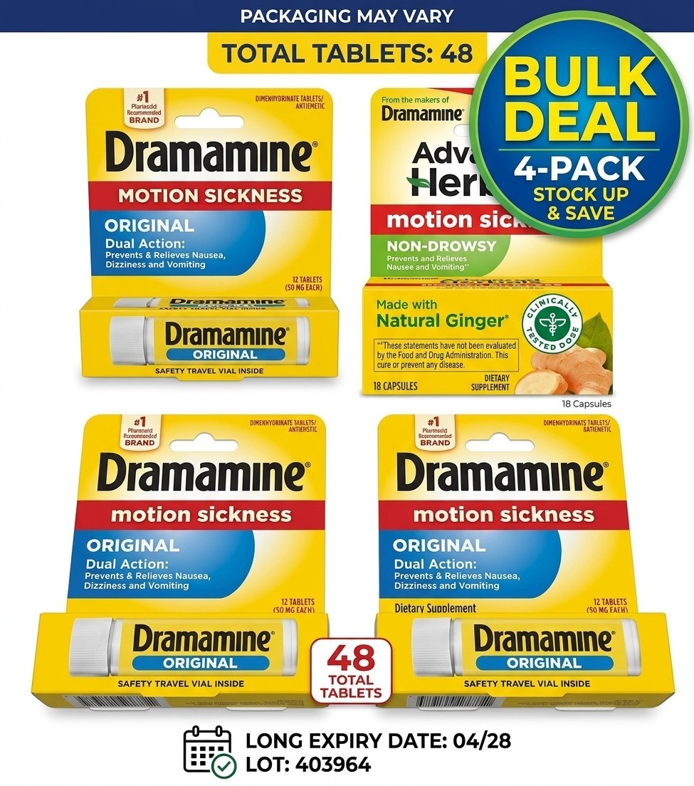Dramamine Original Motion Sickness Relief 12ct Travel Vials - 4 Pack (48 Total)