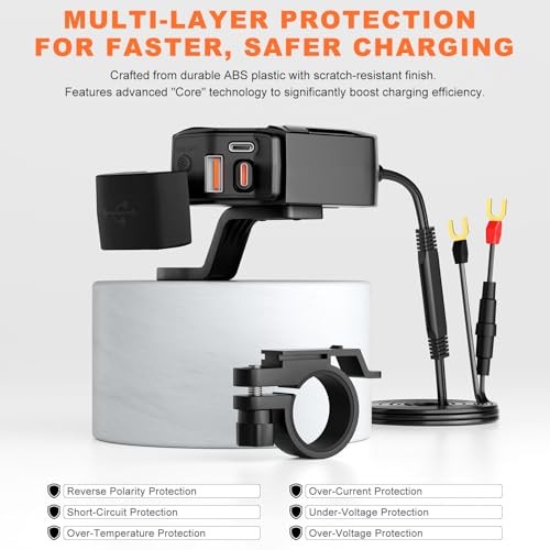 Motorcycle USB Charger, Retractable Type-C & Dual USB Fast Charging,