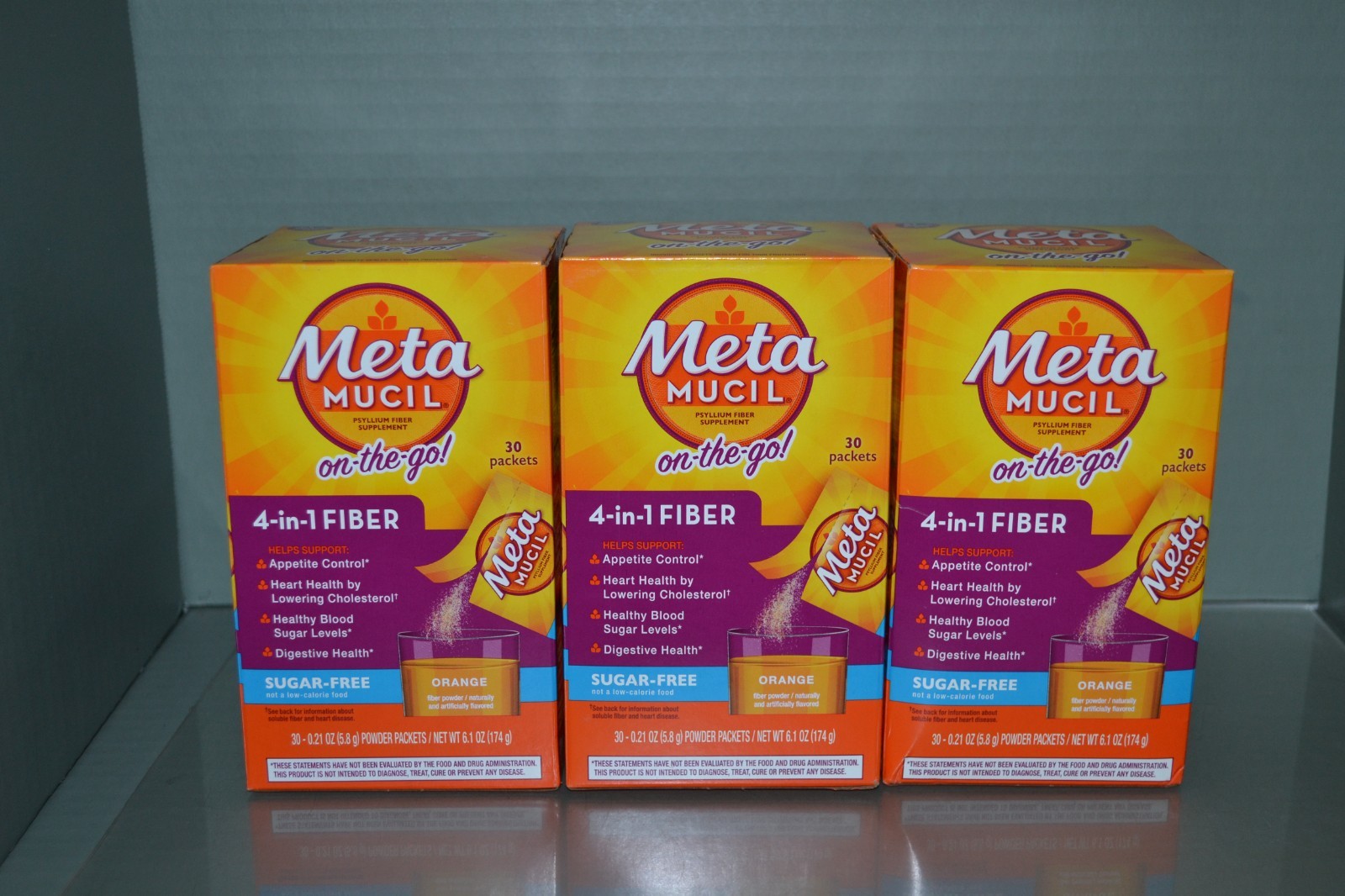 (3) Metamucil On The Go 4-In-1 Fiber Packets 30 Each Sugar Free Orange 04/27