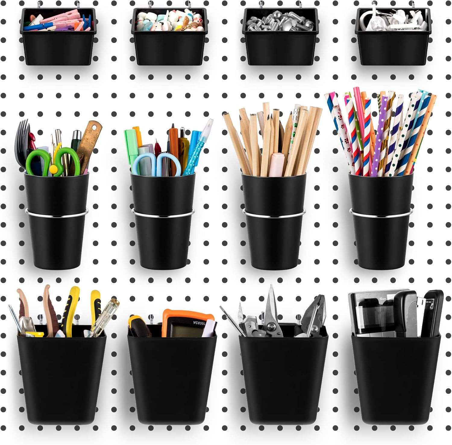 12 Pcs Pegboard Bins Pegboard Cups with Hooks and Loops Peg Assortment Organizer