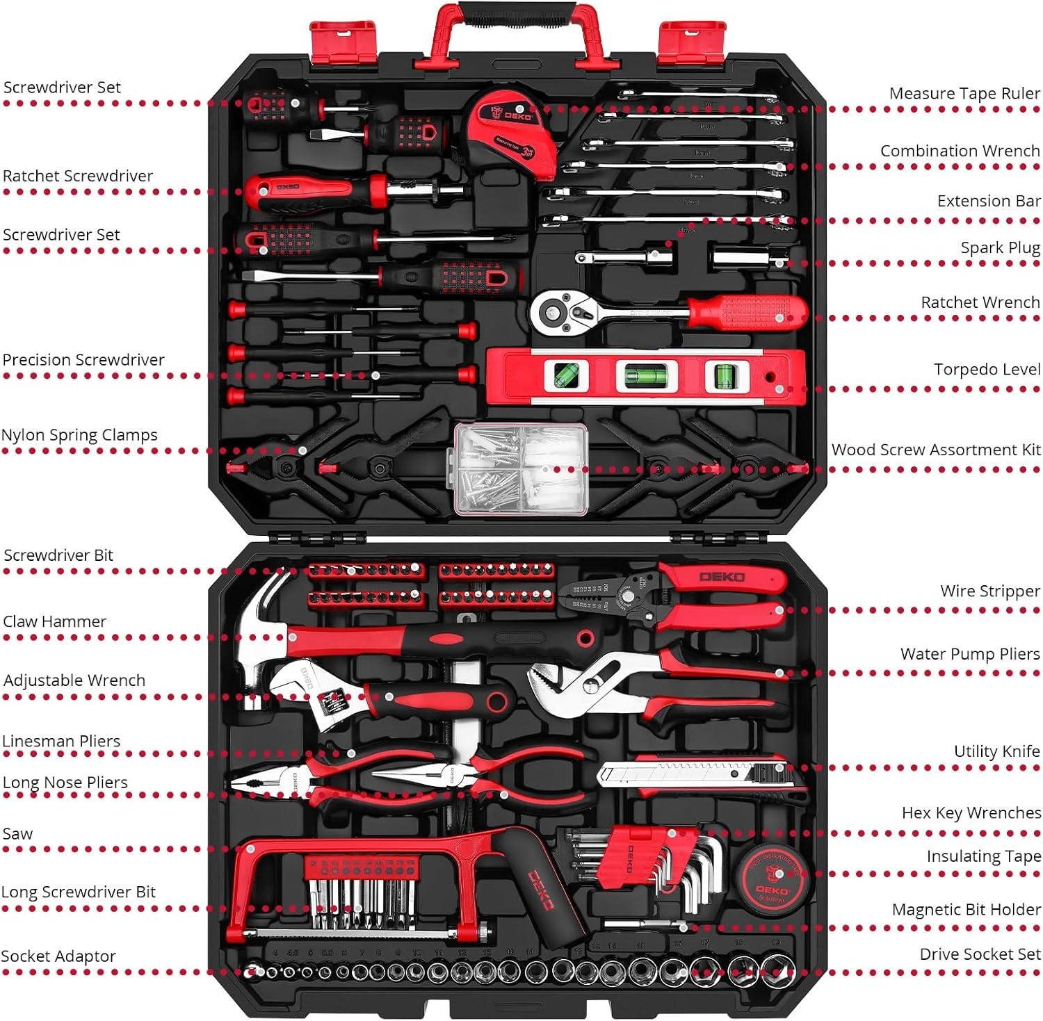 DEKOPRO Tool Set:228 Piece Home Tool Kit, Household Basic Repair Tool Set Comes