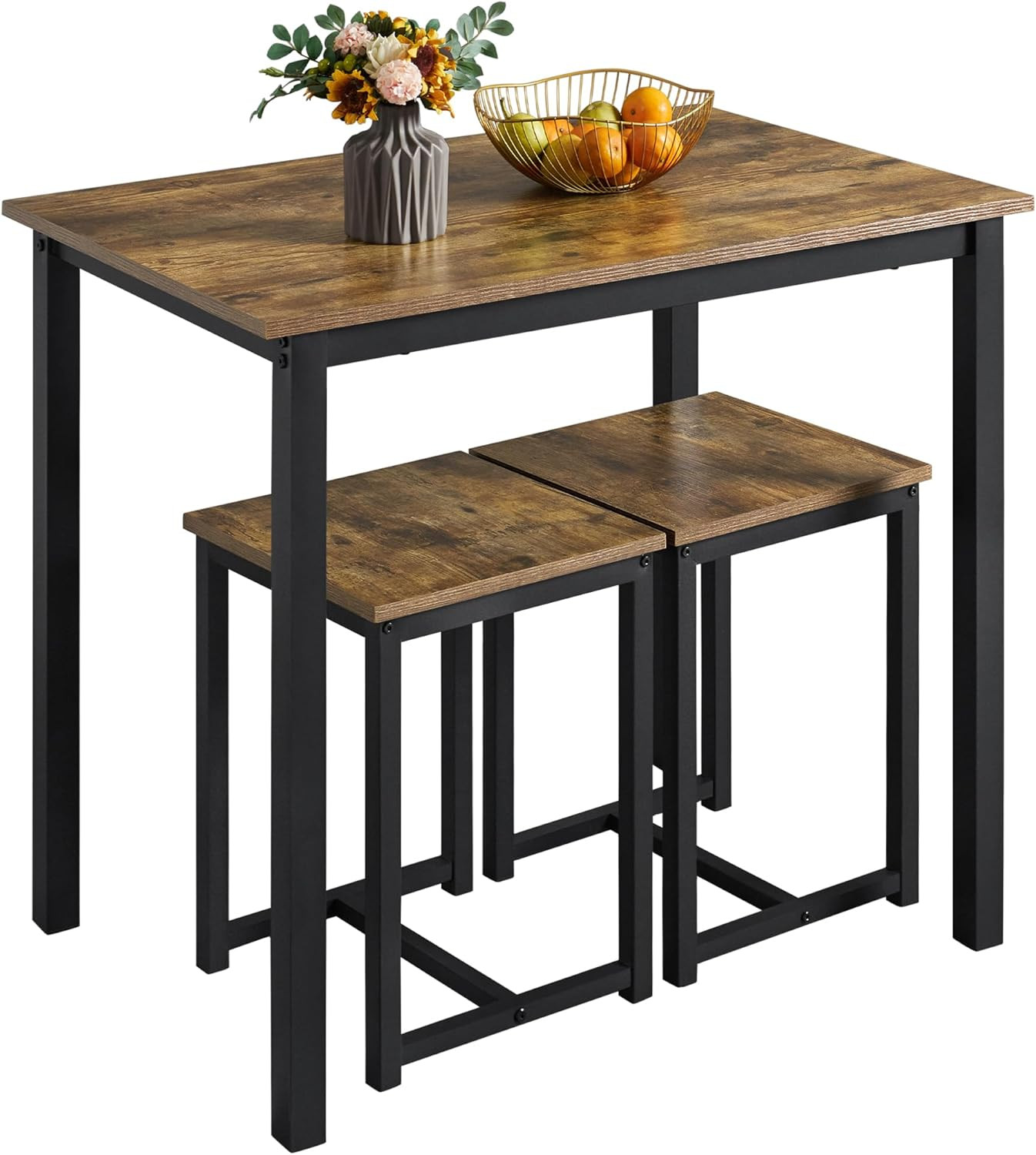 Rustic 3-Piece Dining Table Set with 2 Stools - Space-Saving Design