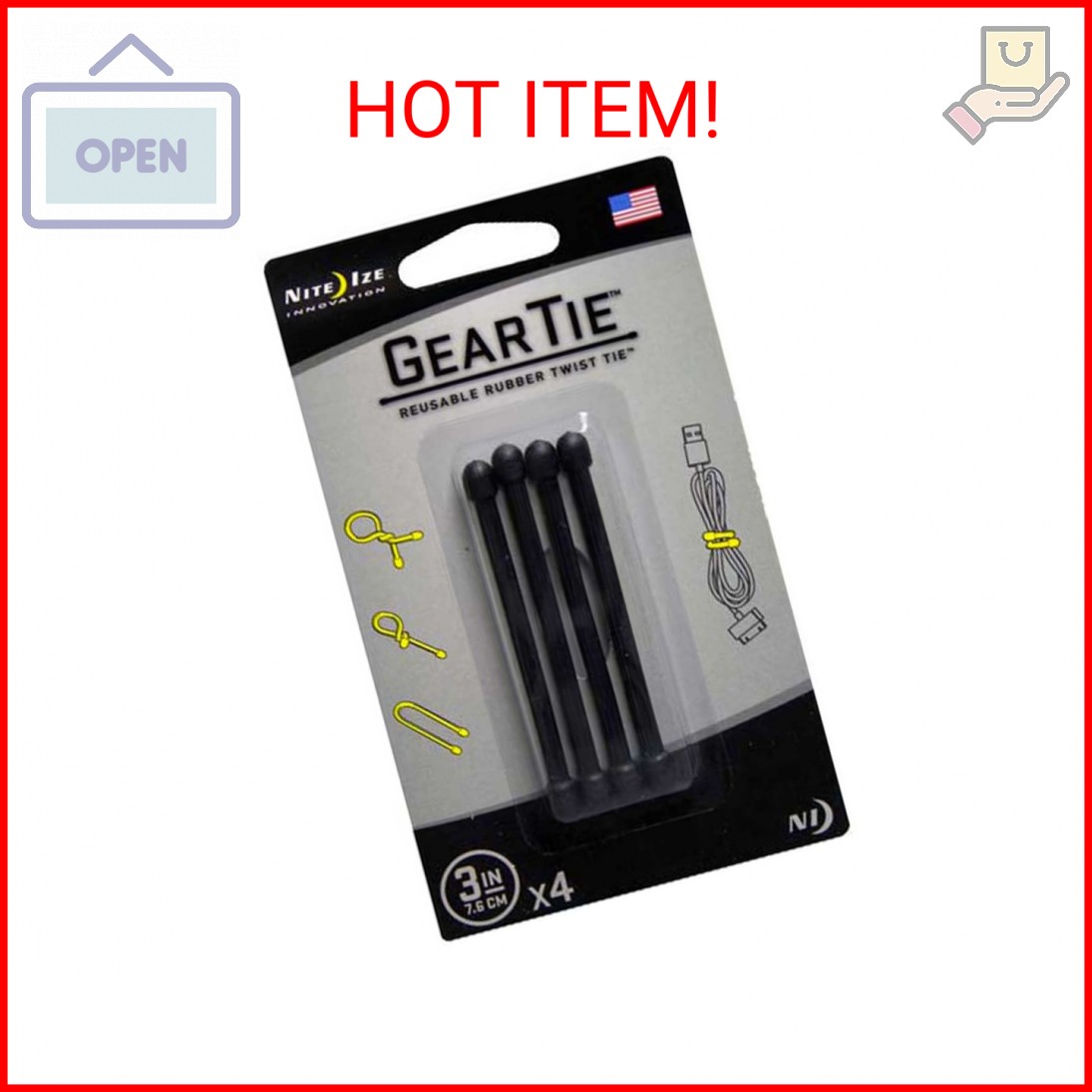 Nite IZE Original Gear Tie, Reusable Rubber Twist Tie, 3-Inch, Black, 4 Pack, Ma
