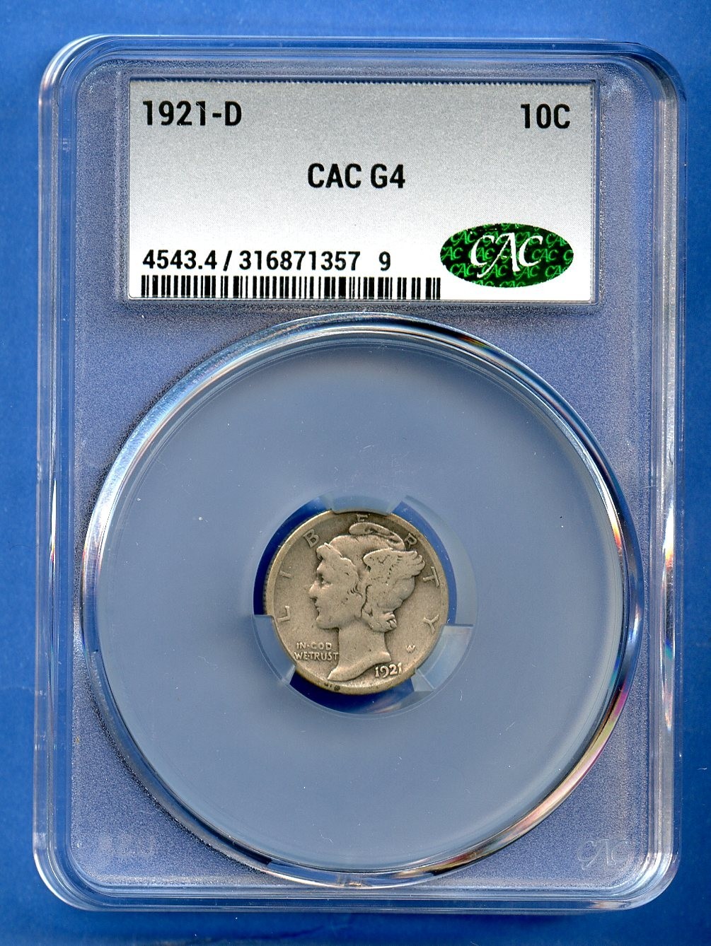 1921 D CAC G4 Mercury Dime 10c US Mint Silver Coin Rare Key 1921-D G-04 CACG