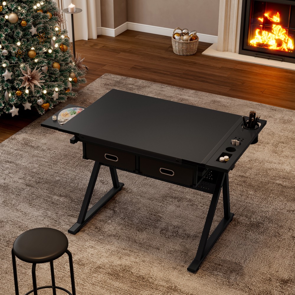 Adjustable Drafting Table with 2 Drawers & Stool for Home Office School
