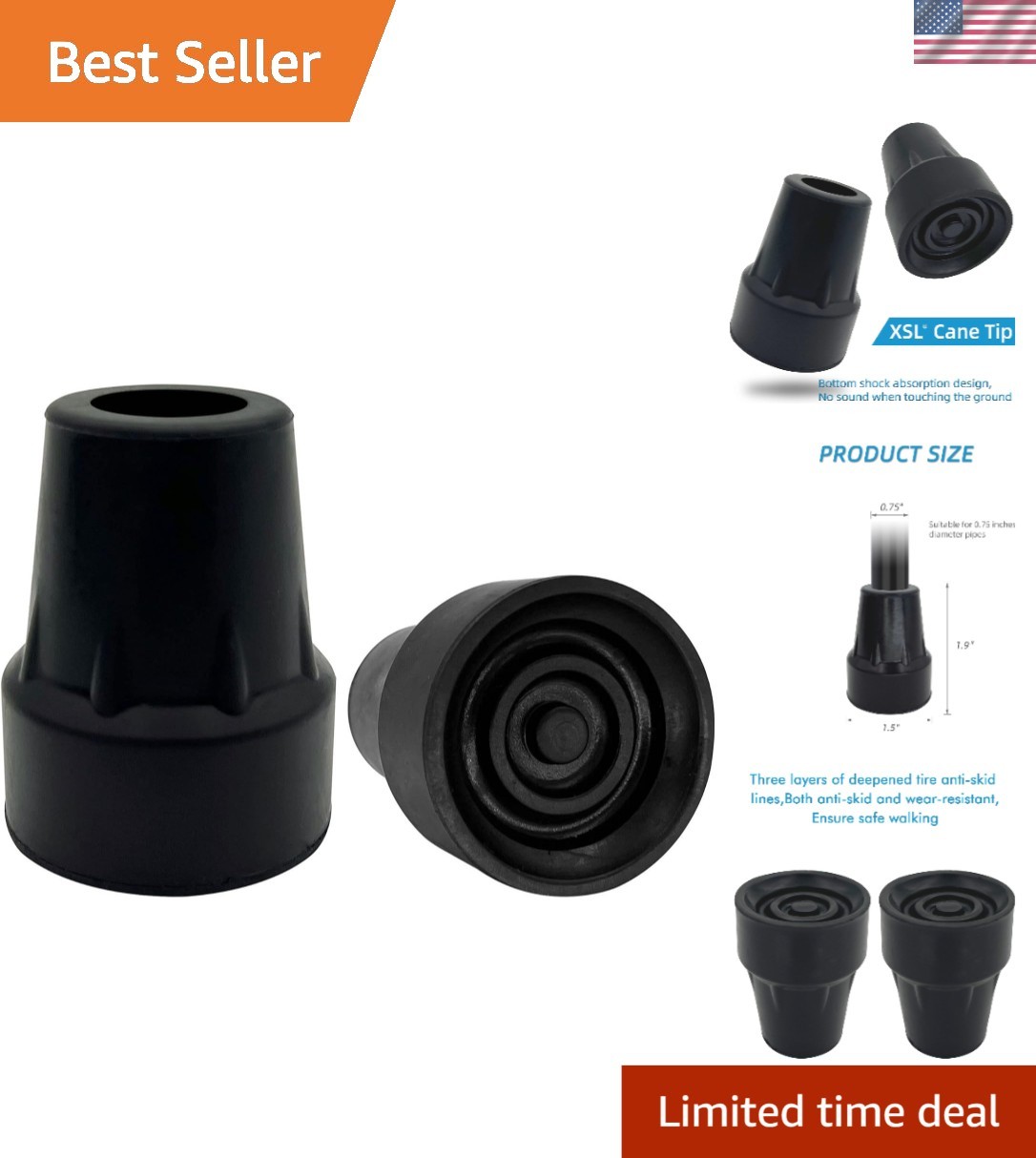 Durable 3/4 Inch Cane Tips - Natural Rubber with Metal Reinforcement - 2 Pack