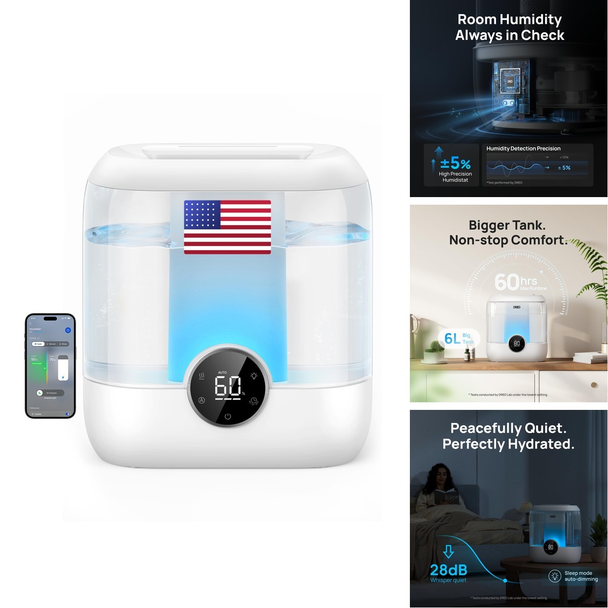 DREO 6L Smart Humidifier DR-HHM004S White - 60H Runtime, 28dB