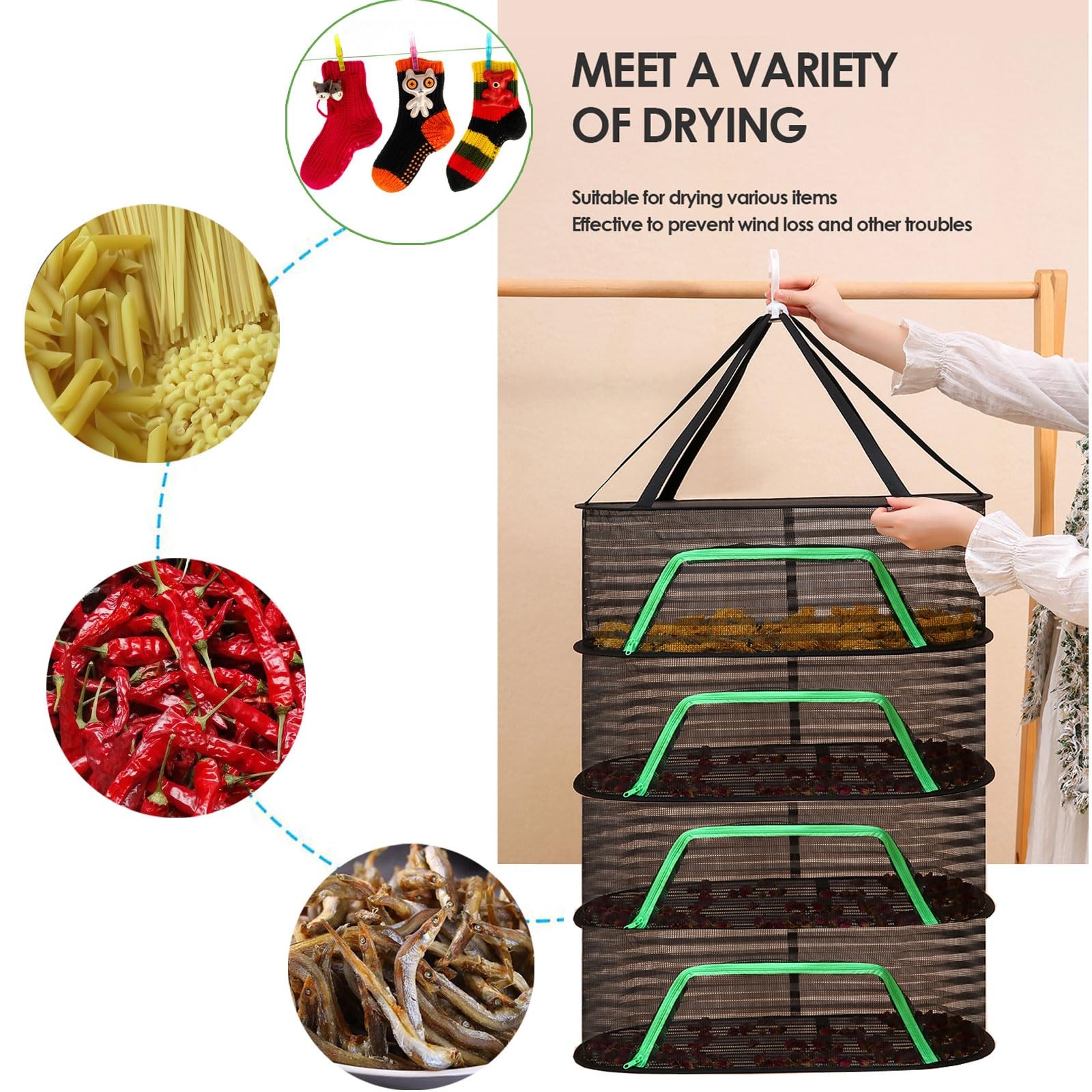 szgwtk Herb Drying Rack 4 Layer Hanging Design with Green Zippers for Dehydra...