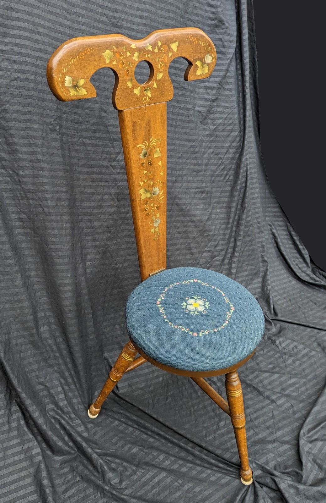 Vintage Antique Old 3 Leg Wood Wooden Side Accent Dressing Chair Fabric Seat