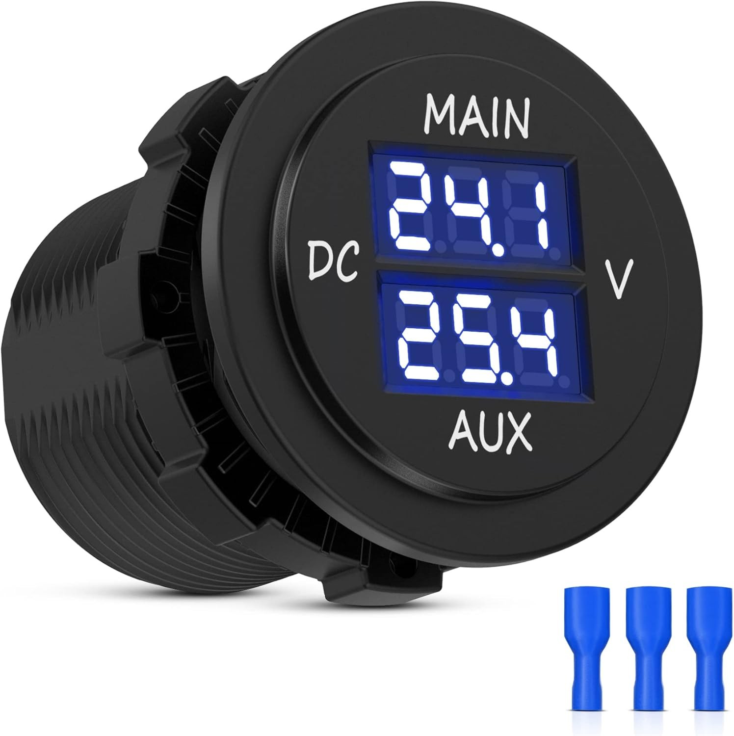 LED Digital Double Voltmeter, Round Panel Voltage Monitor Blue for Car