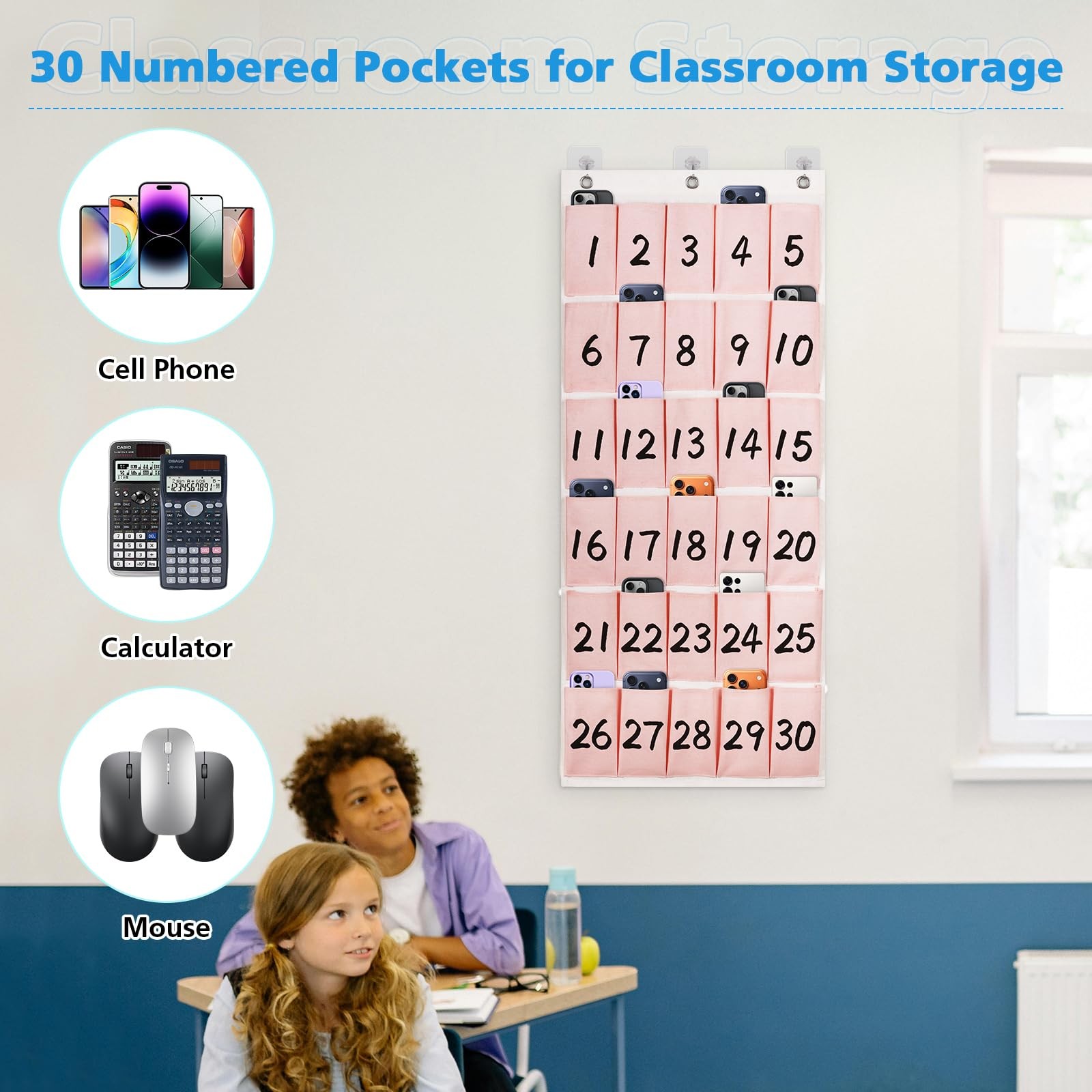 30 Pockets Numbered Classroom Cell Phone Organizer Storage Hooks Hooks