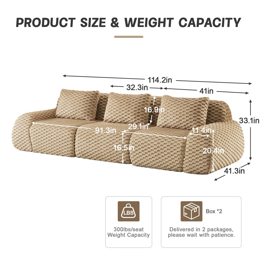 114" Modular Sofa Compressed Couch w/ Flannelette Fabric, 3-Seater, Light Camel