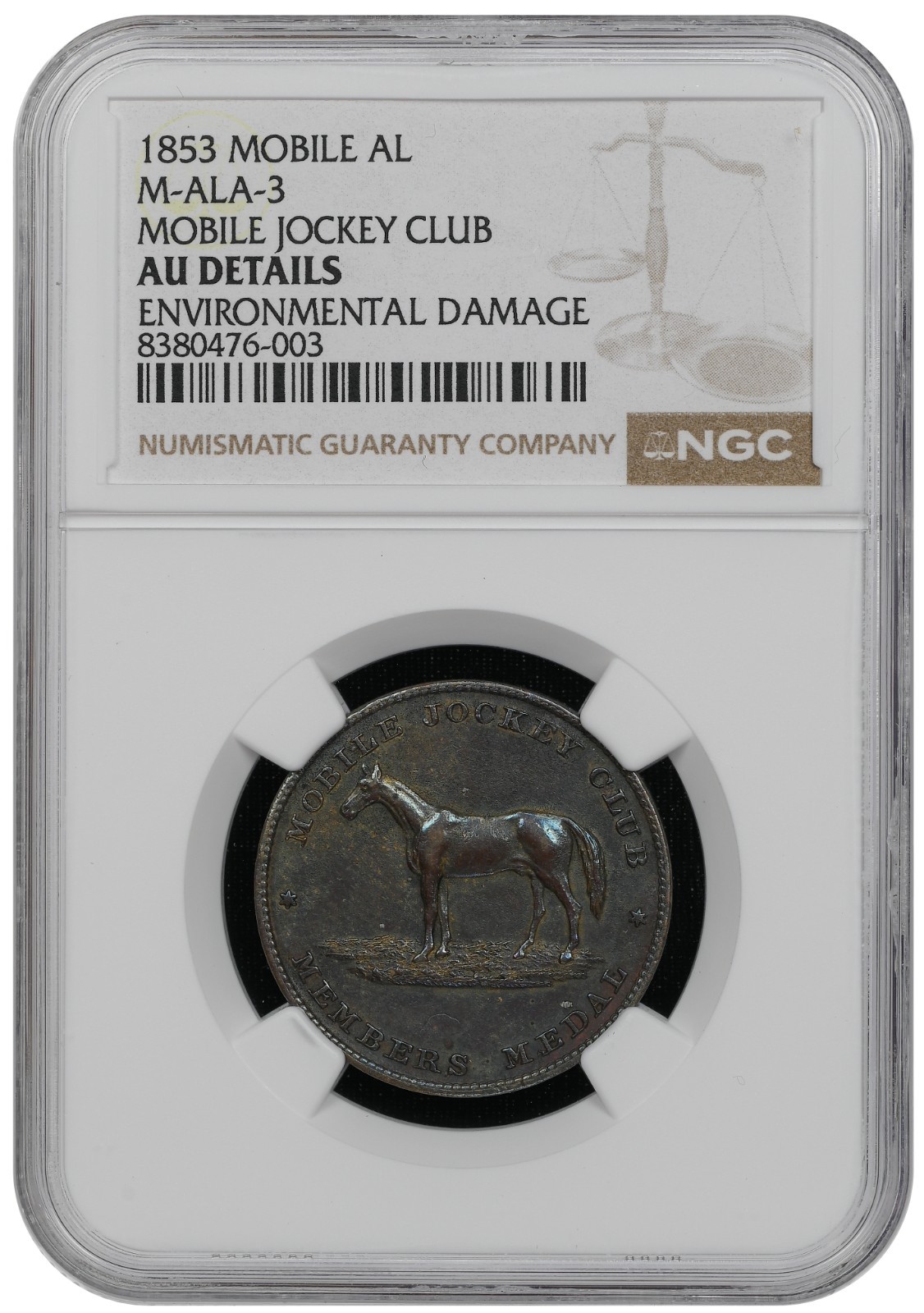 Alabama 1853 ALA-3 Mobile Jockey Club, AU Details NGC Blue Patina!!