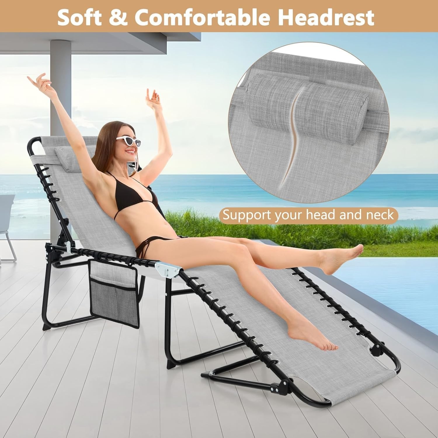 Grey Foldable Patio Lounge Chair with Headrest, 4-Position Adjustable Backrest
