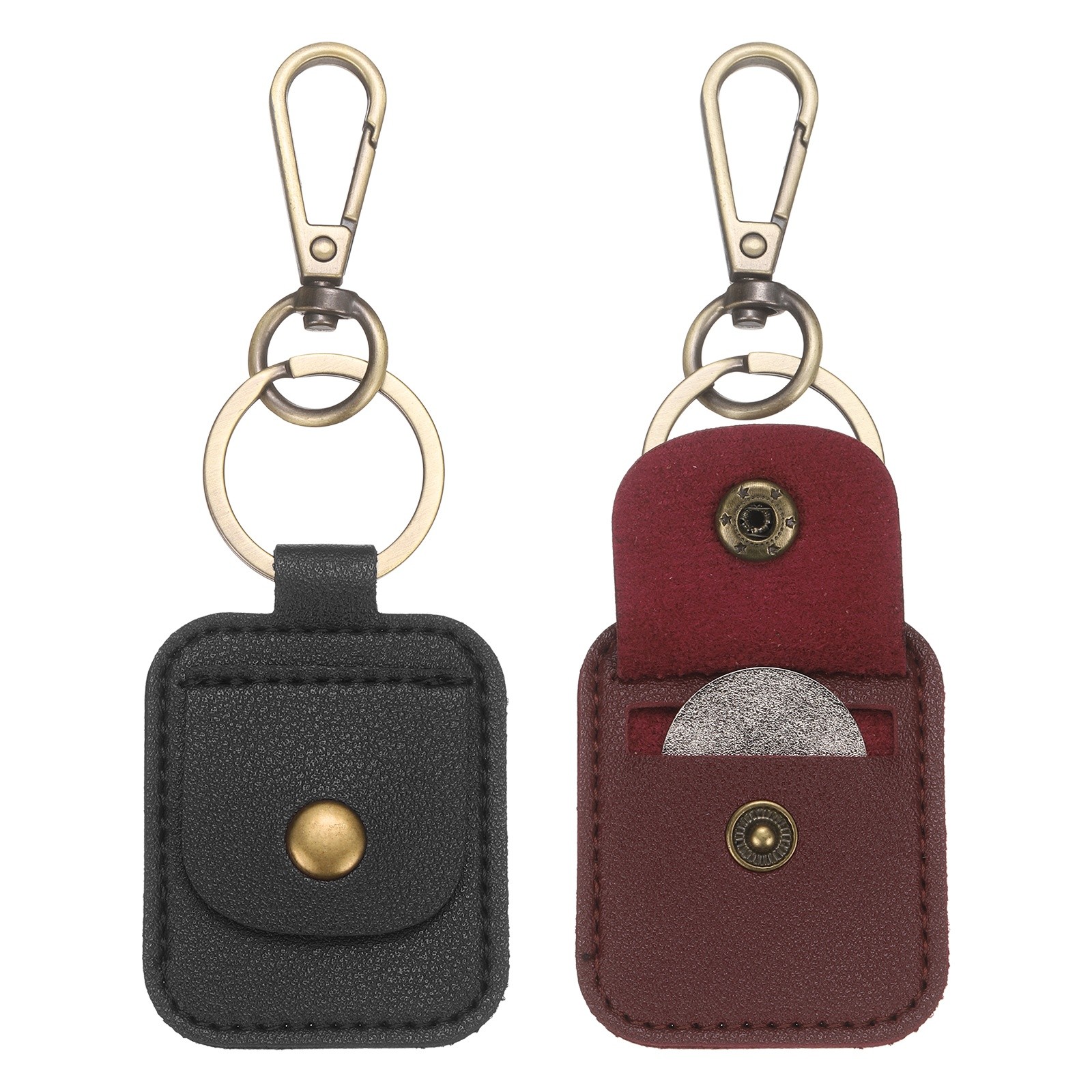 2 Pack Quarter Leather Keychain, PU Leather Key Ring Coin Case, Black, Burgundy