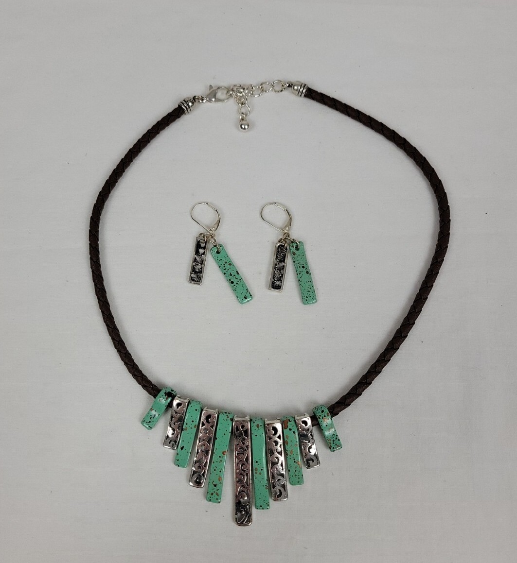 Silvertone & Teal Scoop Brown Cord Necklace And Ear Rings Jewelry
