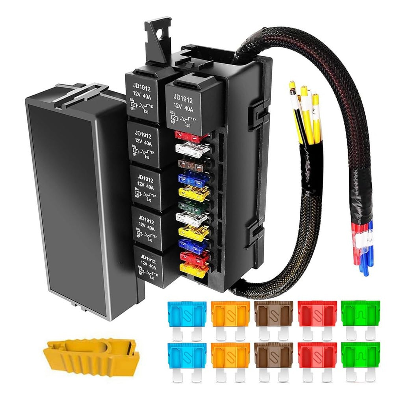 12V Fuse Relay Box with 6 Relays and 11 Way ATC/ATO Blade Fuses, Pre-Wired Fu...