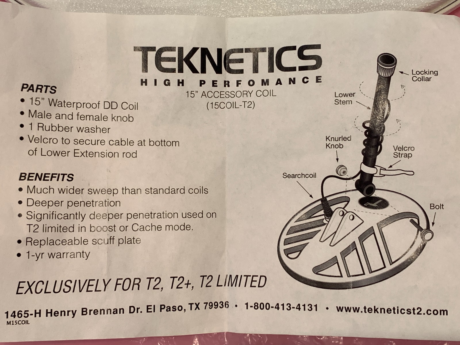 Teknetics 15" DD Coil for T2 metal detector Ultimate Depth Gold Nuggets Sniper