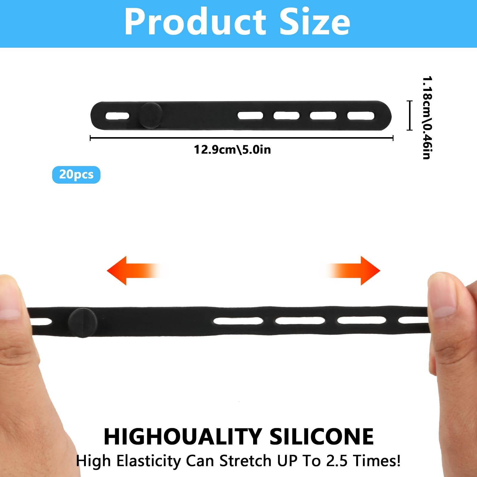 20 Pcs Black Silicone Cable Ties, Reusable Straps 5in, B-20pcs