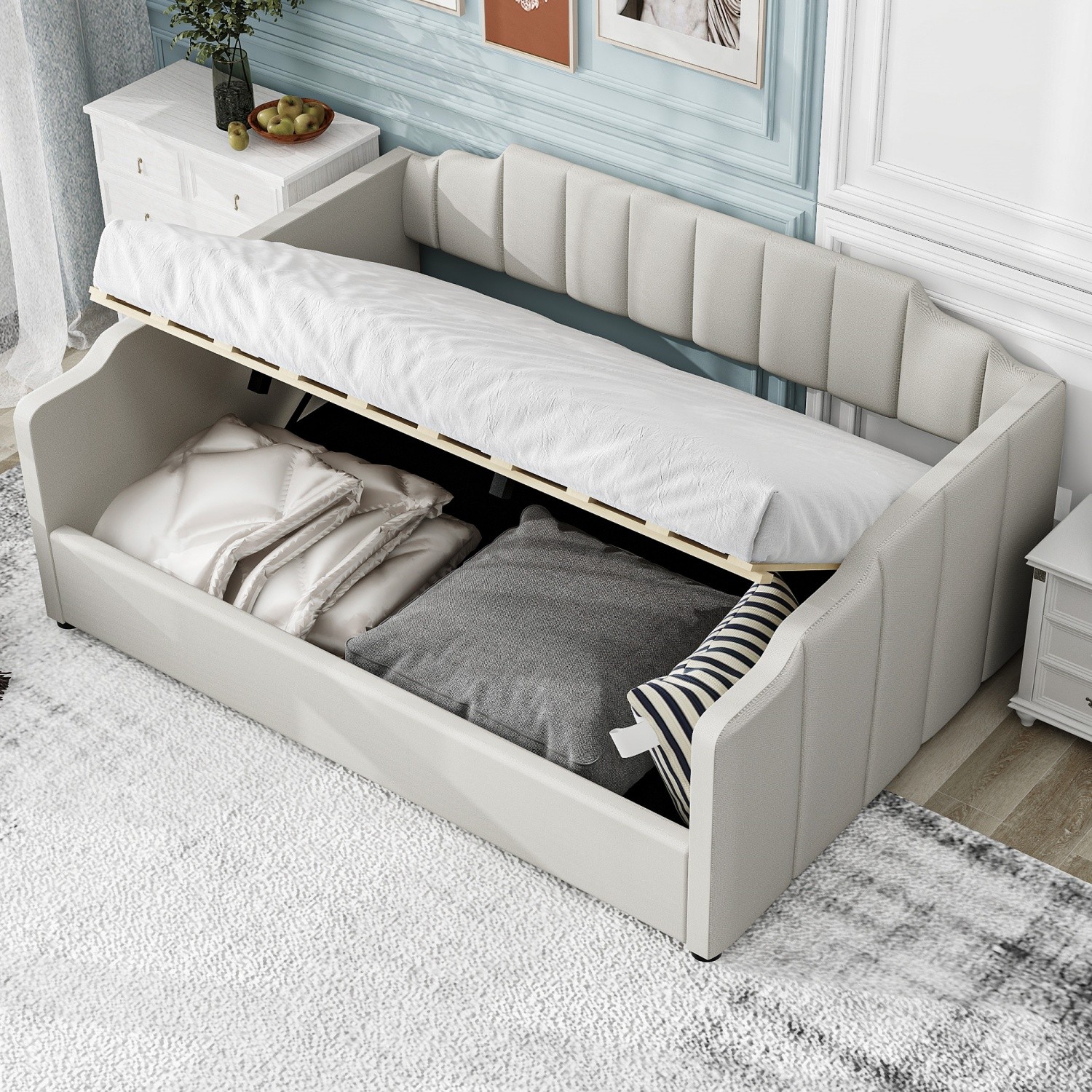 Full Size Daybed Upholstered Bed Frame Sofa Bed w/ Underneath Storage Beige/Gray